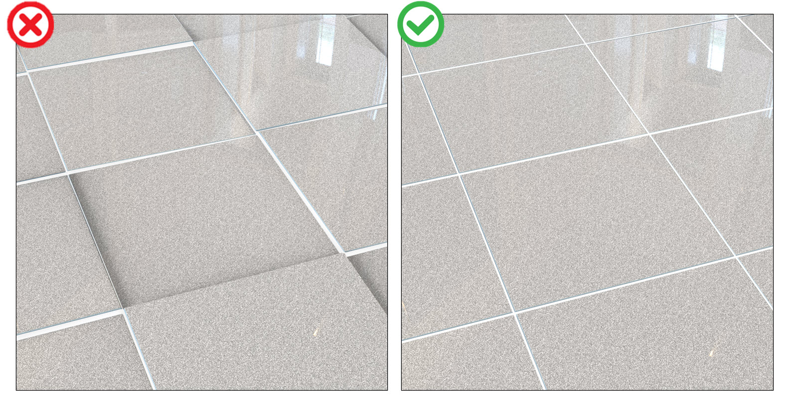 tile lippage on the left and non tile lippage on the right